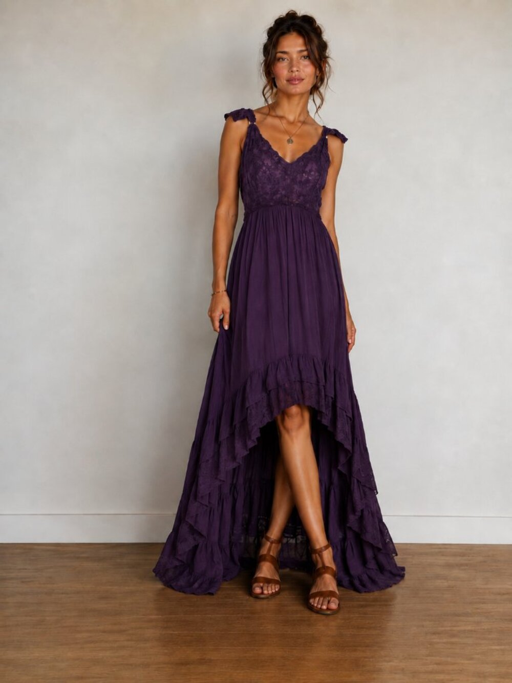 NWOT Shyanne Lace bodice Grape Purple High Low Frill Hem Maxi Dress L